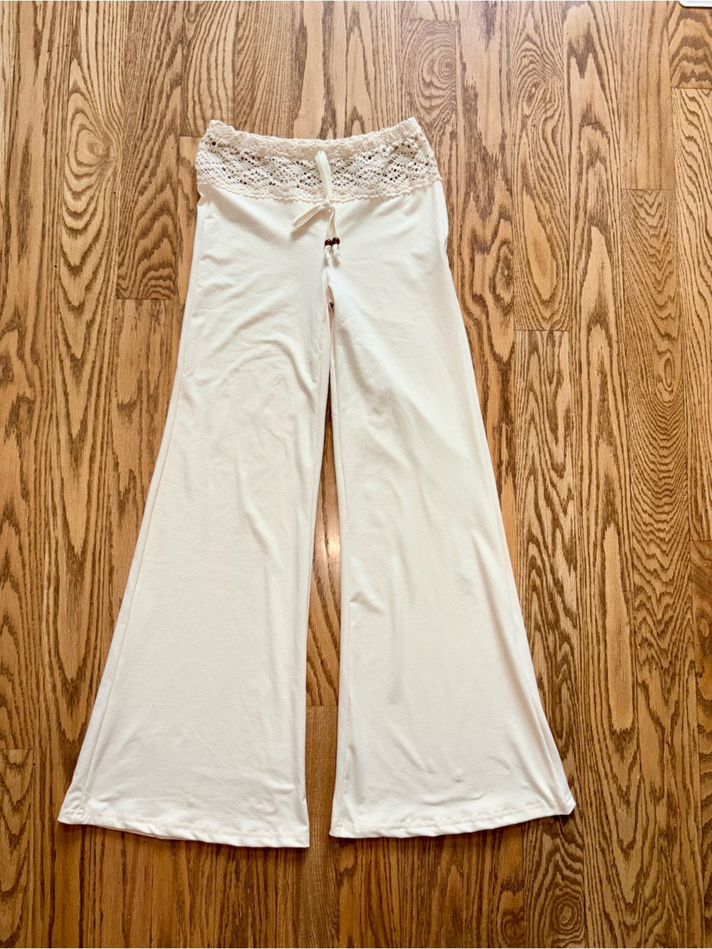 Cream Crochet Lace Trim Beaded Flare Leg Pants XXS